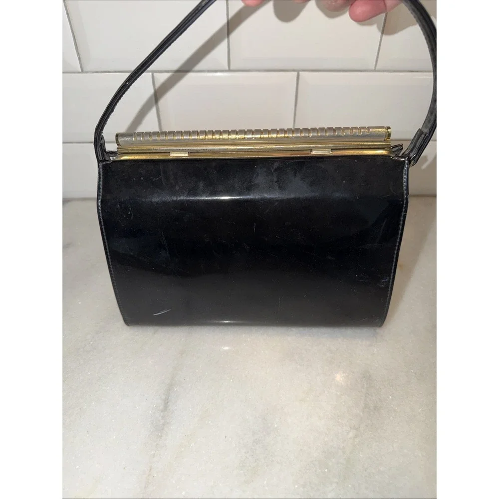 Vintage Theodore California Black Patent Leather Purse Brass Closure GW996